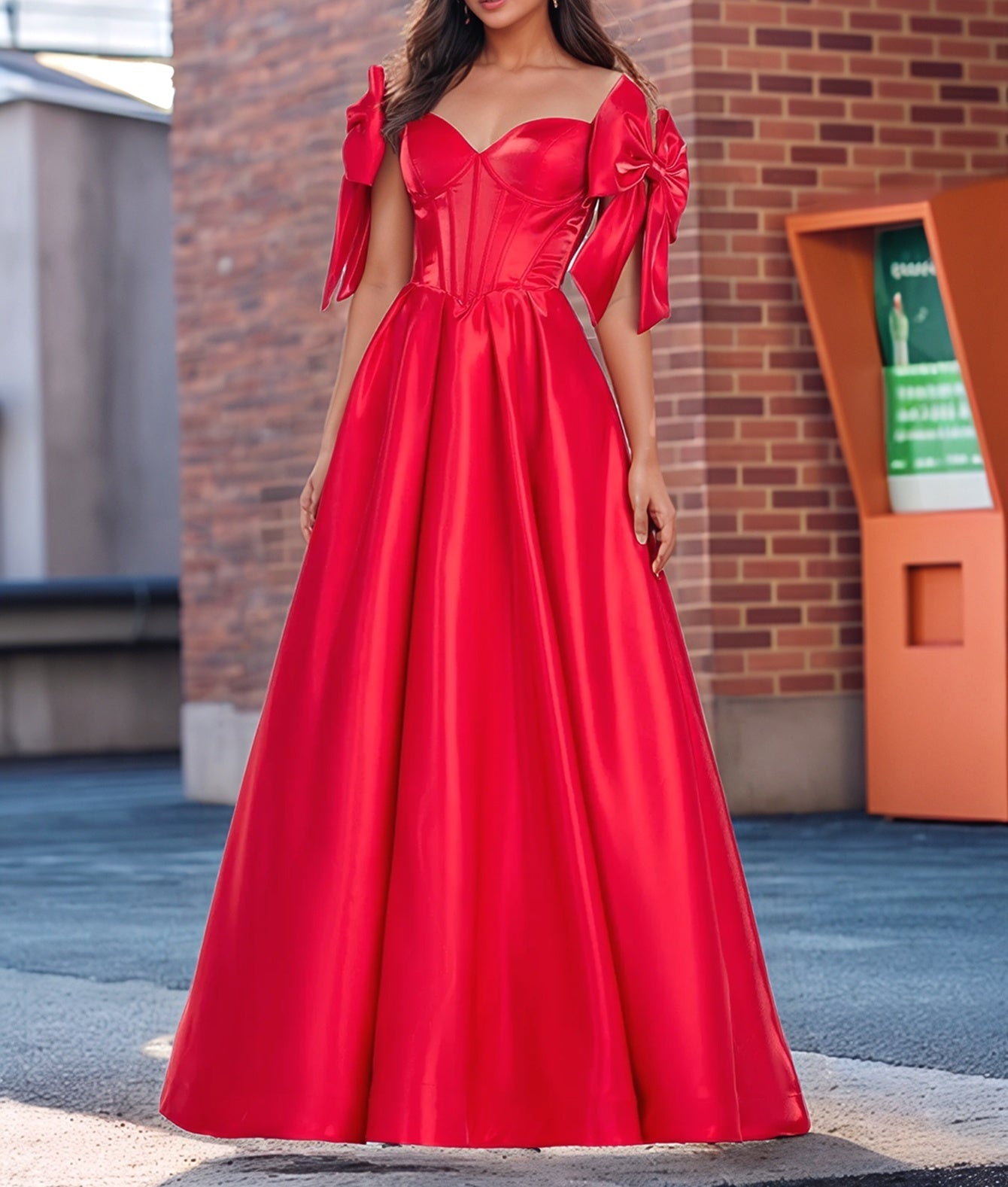 Boned Ball Gown Prom Dress With Bow - Red