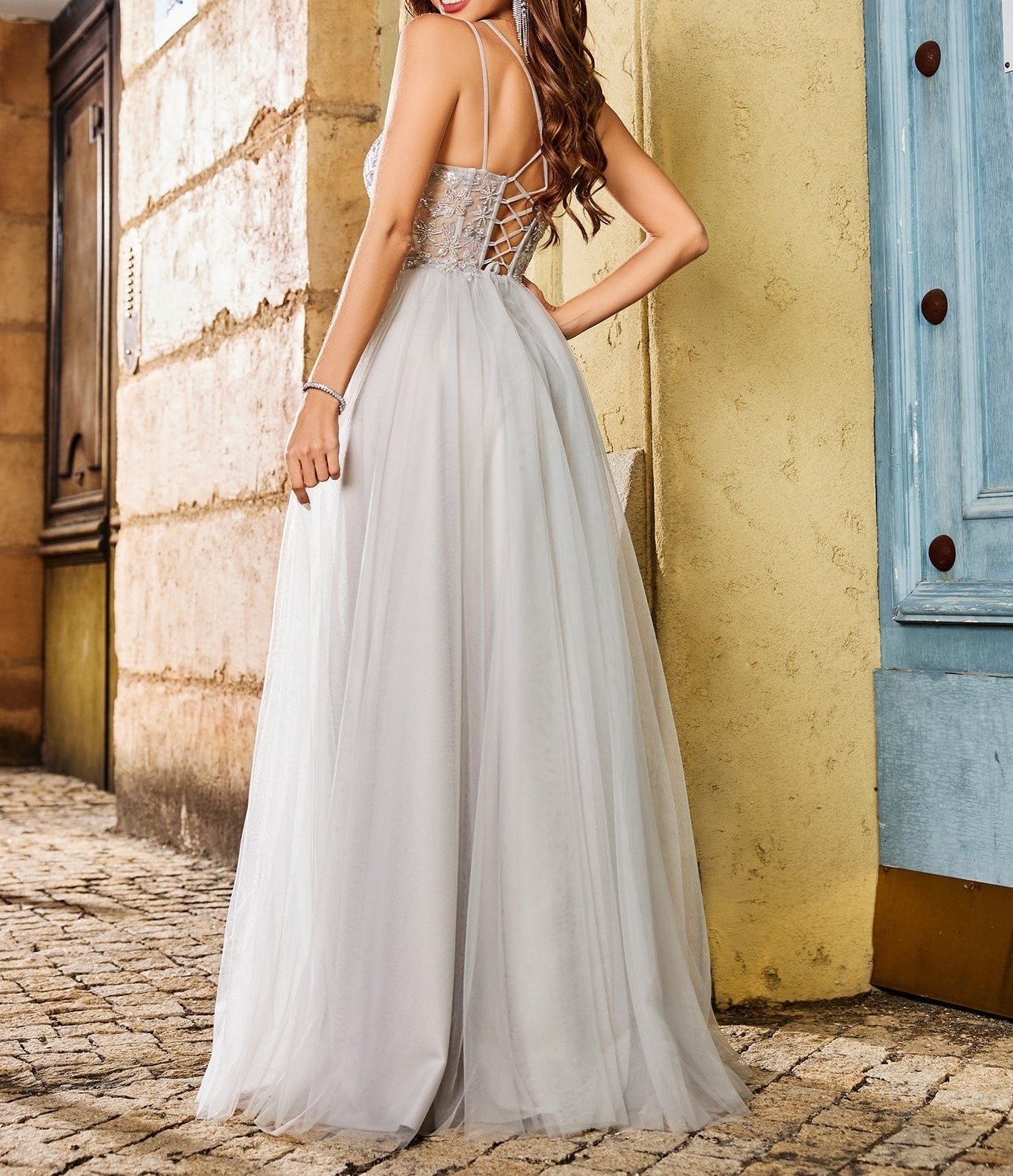 Hand Beading Square Ball Gown Prom Dress - Light Grey