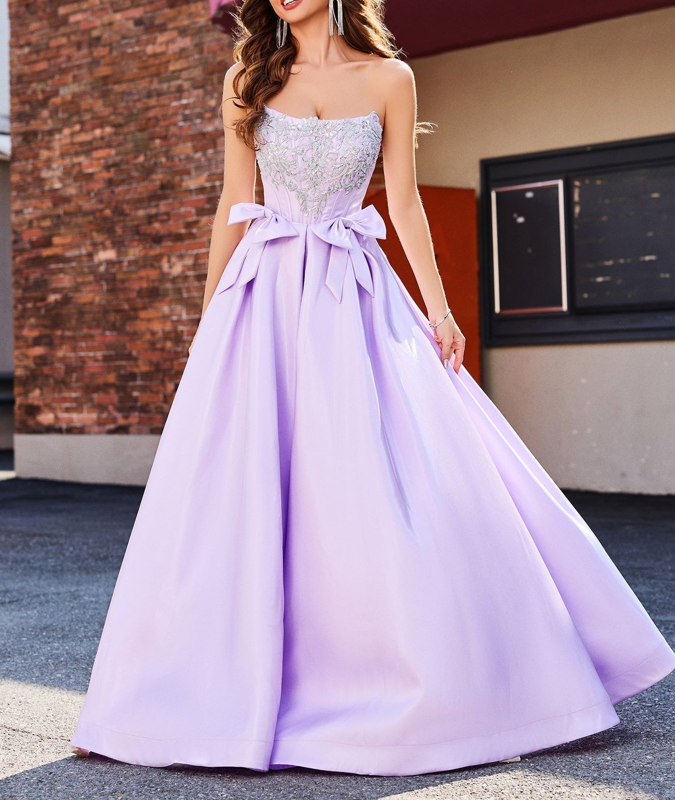 Beaded Crystal Boned Prom Dress With Bow - Lilac