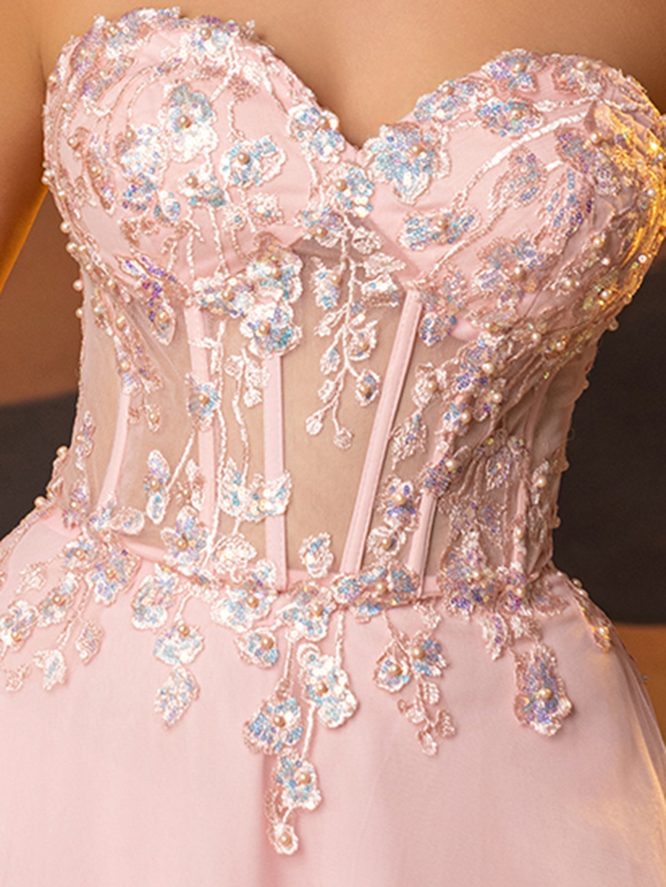 Sheer Bodice Lace Embroidery Long Prom Dress - Pink