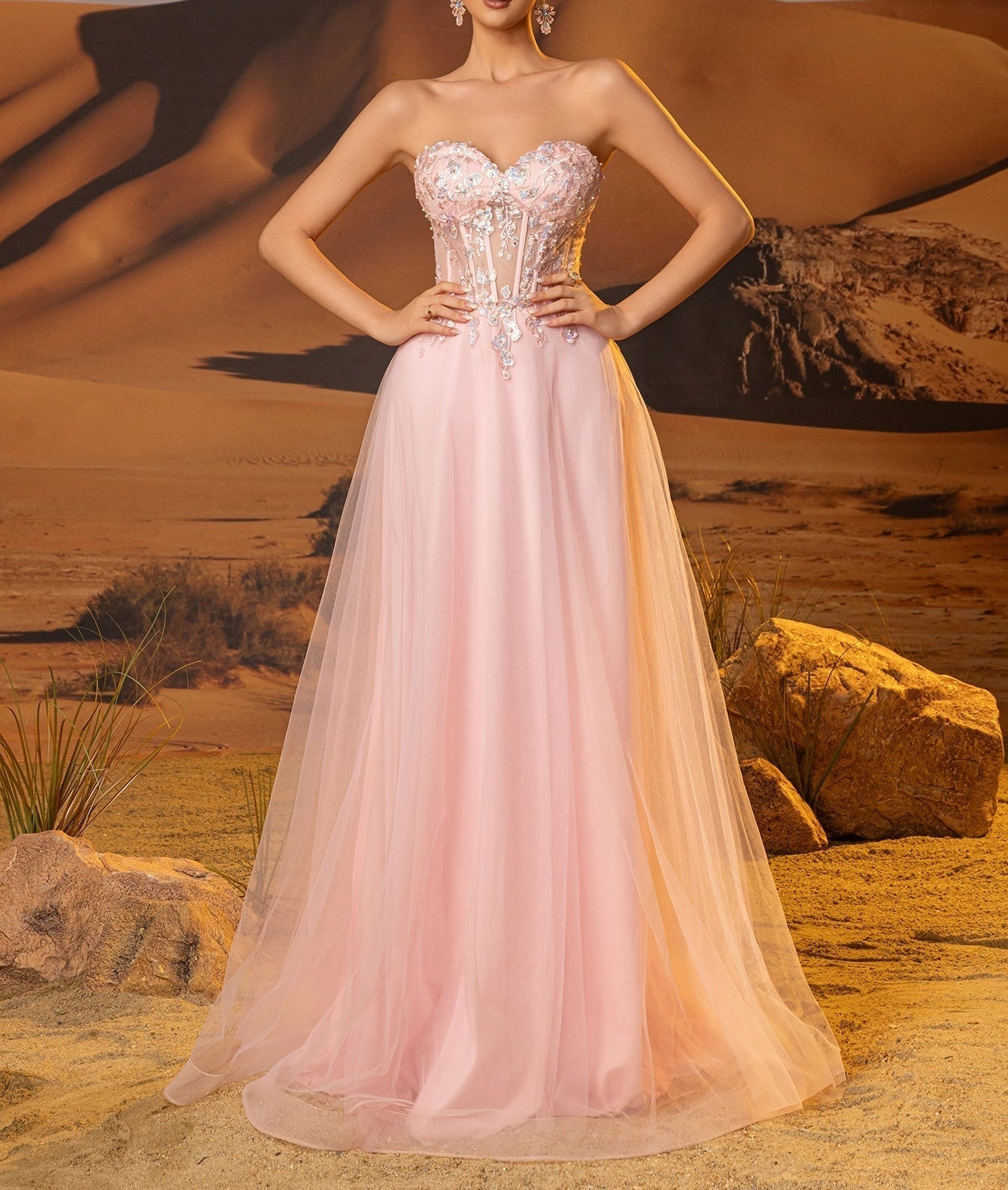 Sheer Bodice Lace Embroidery Long Prom Dress - Pink