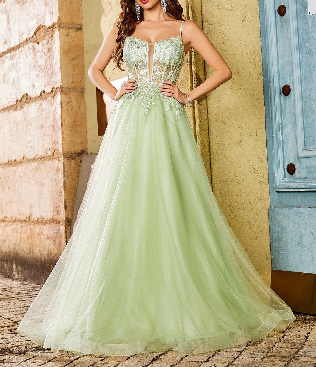 Sheer Bodice Lace Embroidery Prom Dress Long - Mint Green