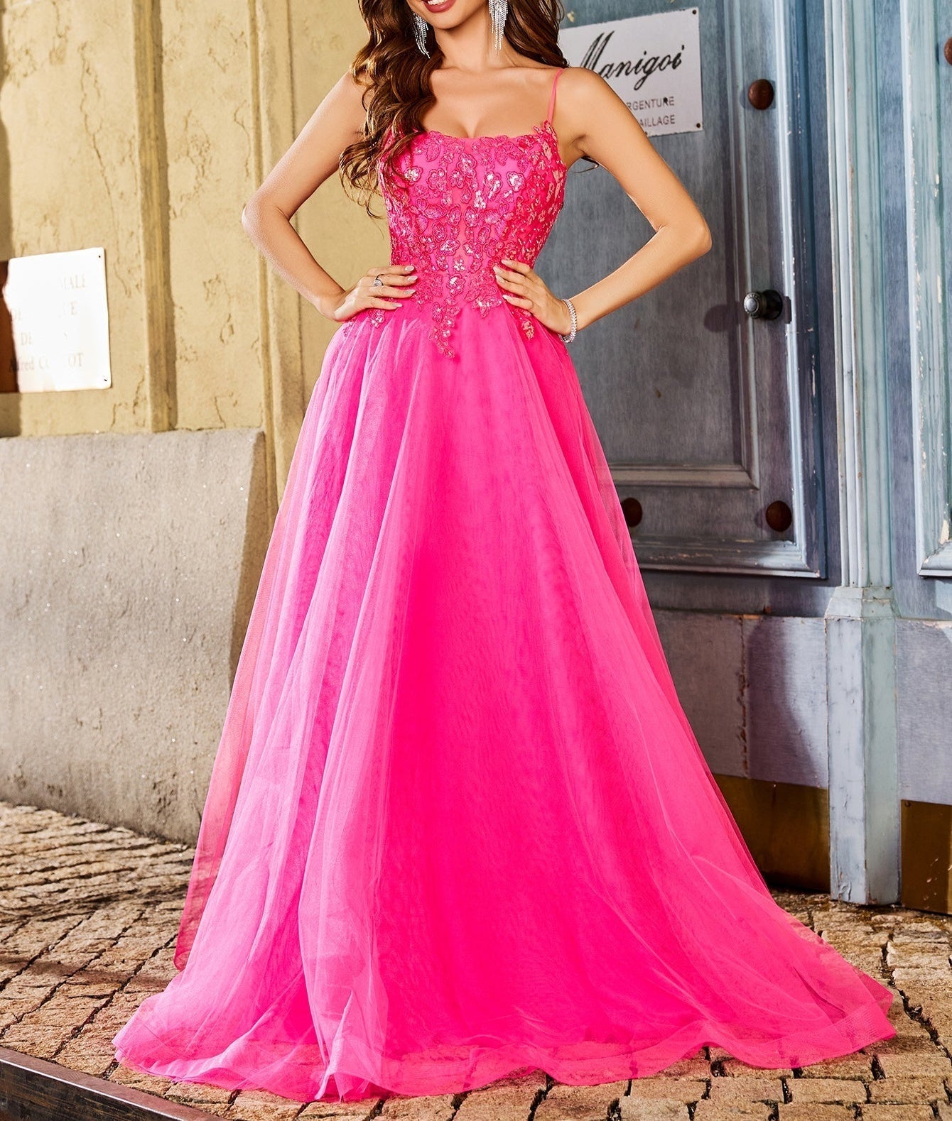 Square Lace Embroidery Ball Gown Prom Dress - Hot Pink