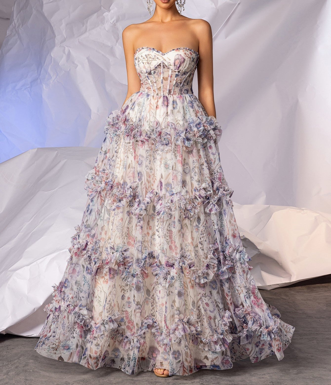 Printing Boned Ball Gown Prom Dress With Ruffle - Colorful Floral