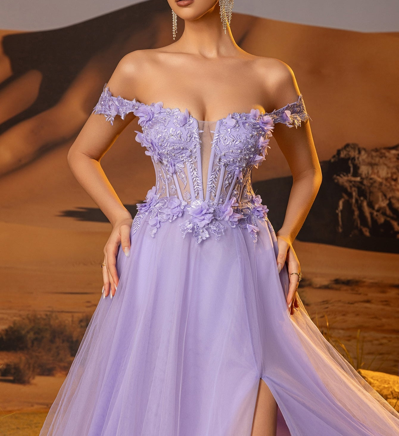 Hand Made Floral Beaded Prom Dress With Split - Lilac