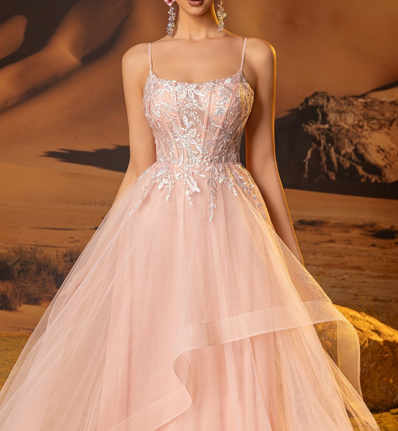 Illusion Bodice Leaf Lace Ball Gown Prom Dress - Pink