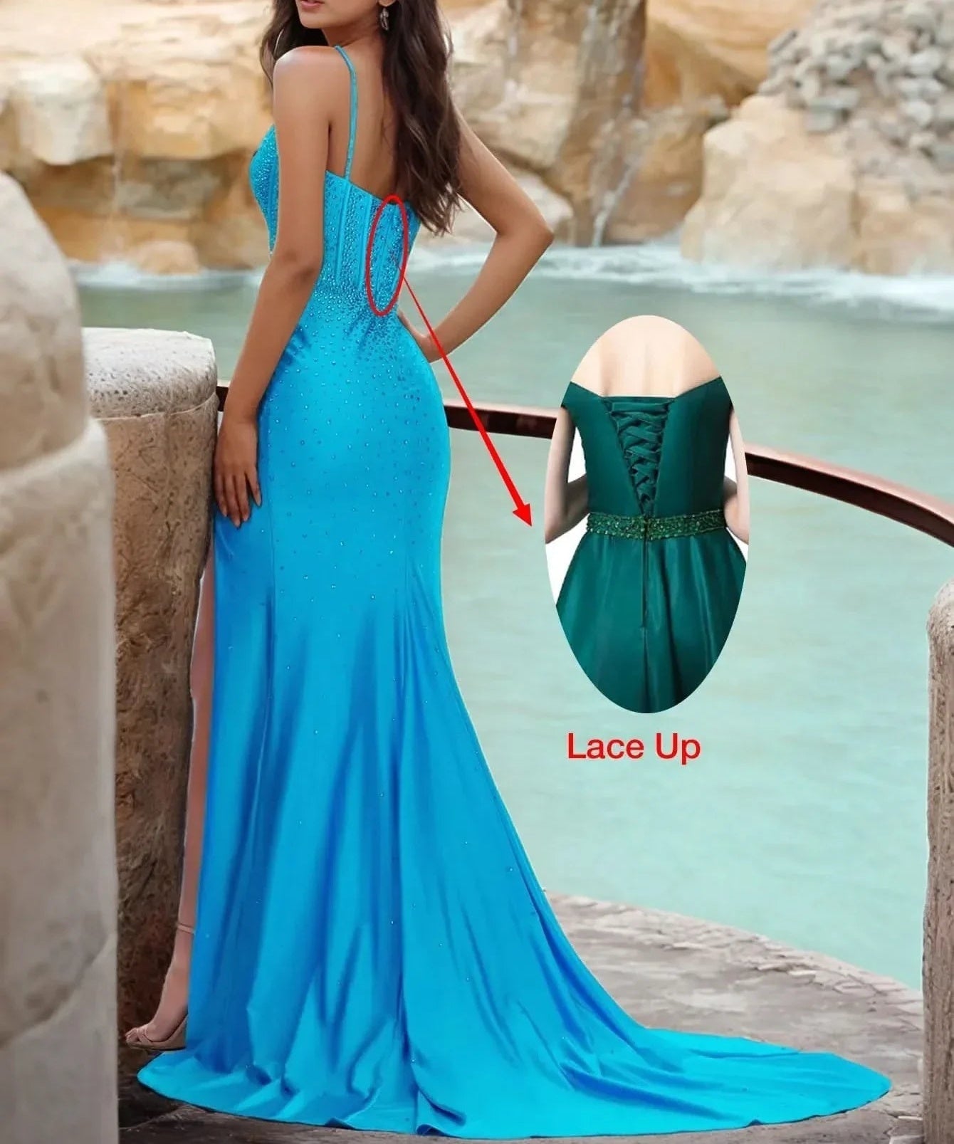 Luxury Hot Fix Deep V-Neck Spaghetti Strap Mermaid Prom Dress - Blue