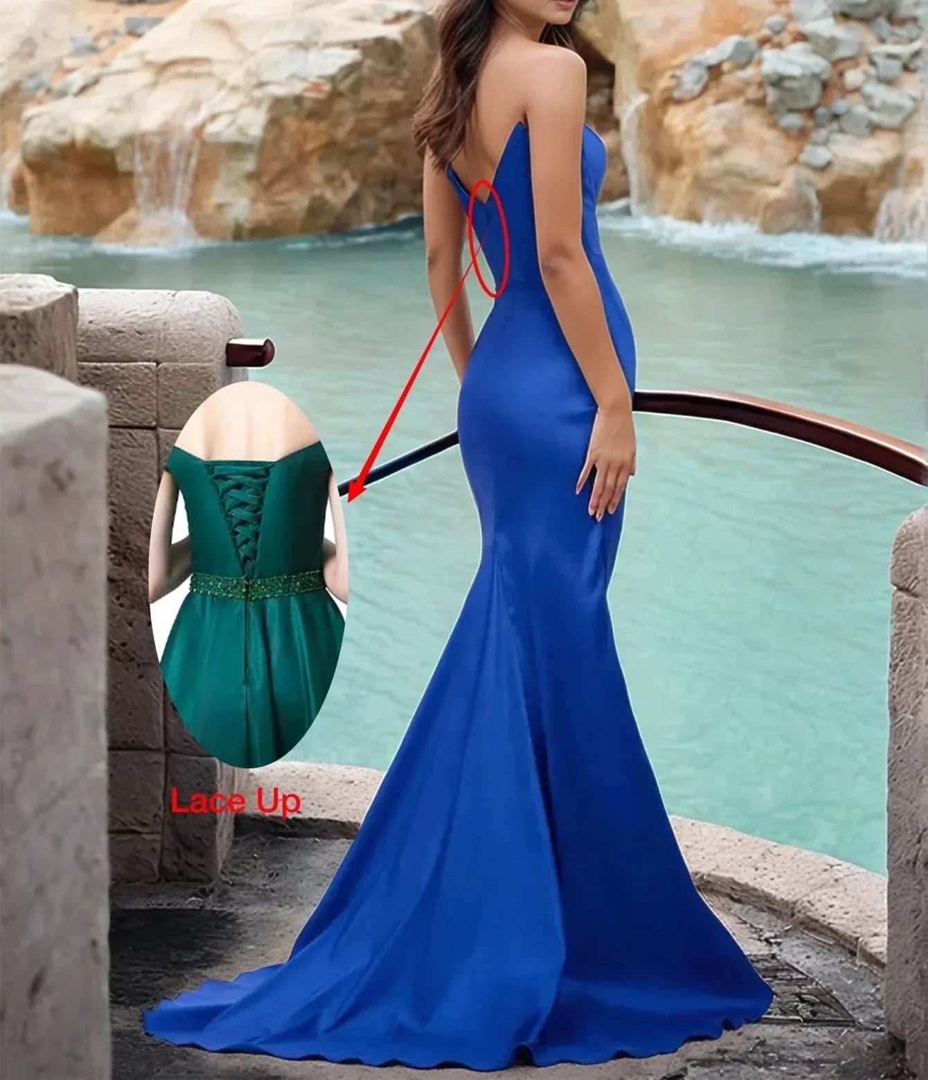 Removable 3D Rose Strapless Satin Mermaid Prom Dress With Slit - Royal Blue