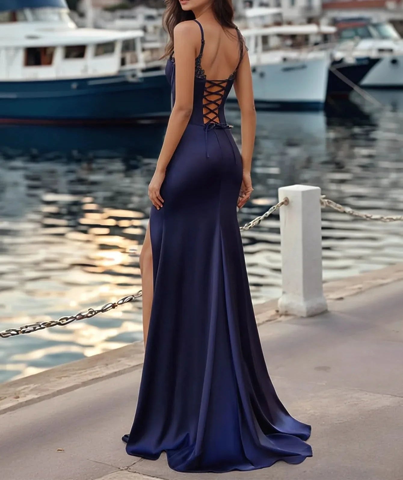 Boned Top Satin Mermaid Prom Dress With Lace Edge - Navy Blue