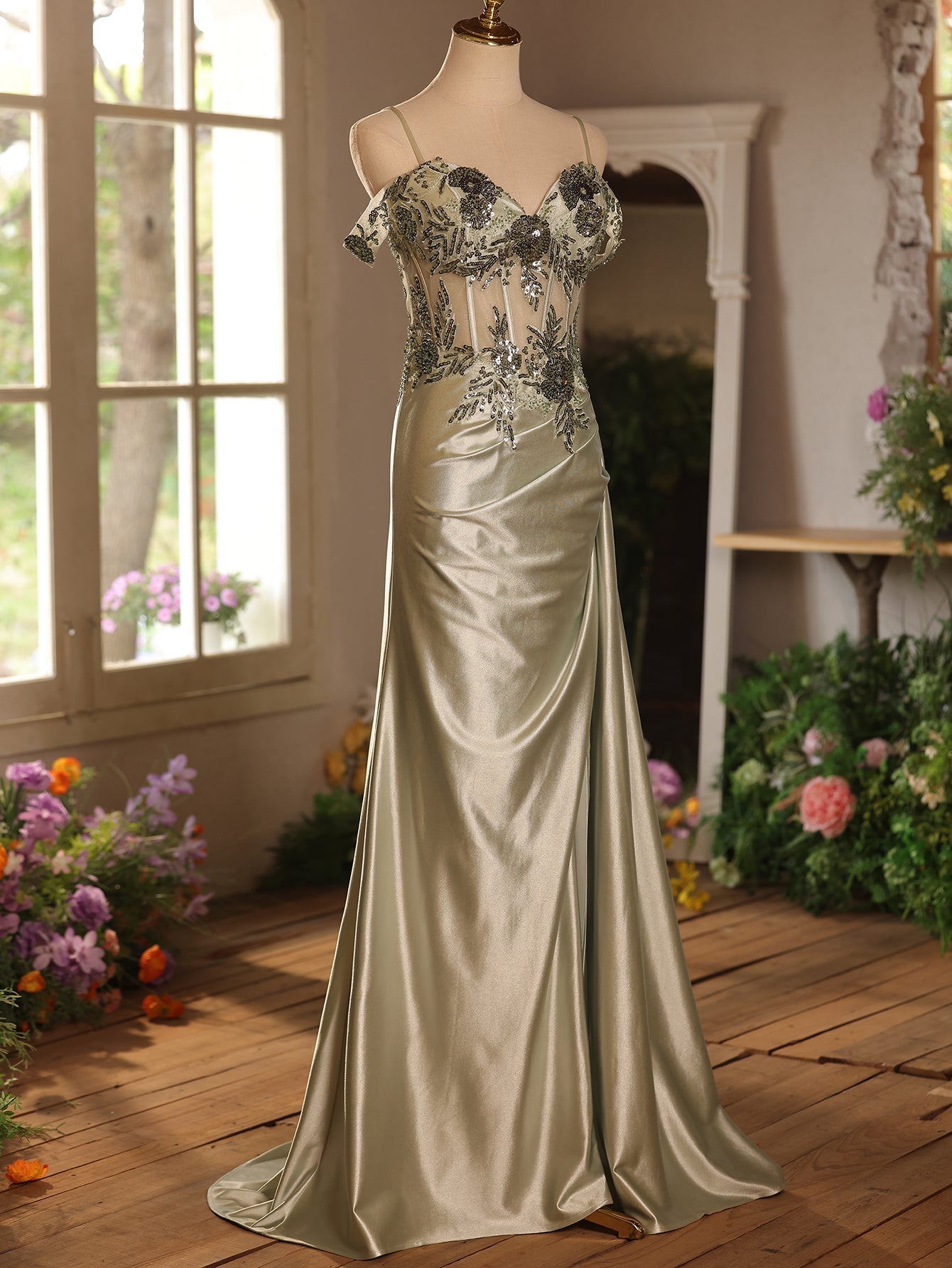 Off Shoulder Sheer Bodice Mermaid Prom Dress With Boned - Sage Green