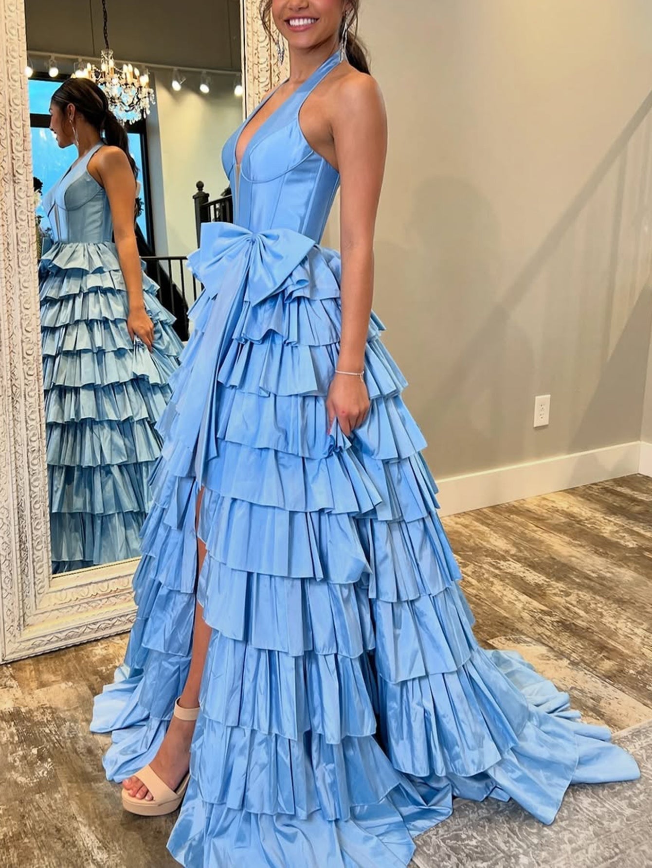 Halter Boned Ruffle Ball Gown Prom Dress Slit With Bow - Baby Blue