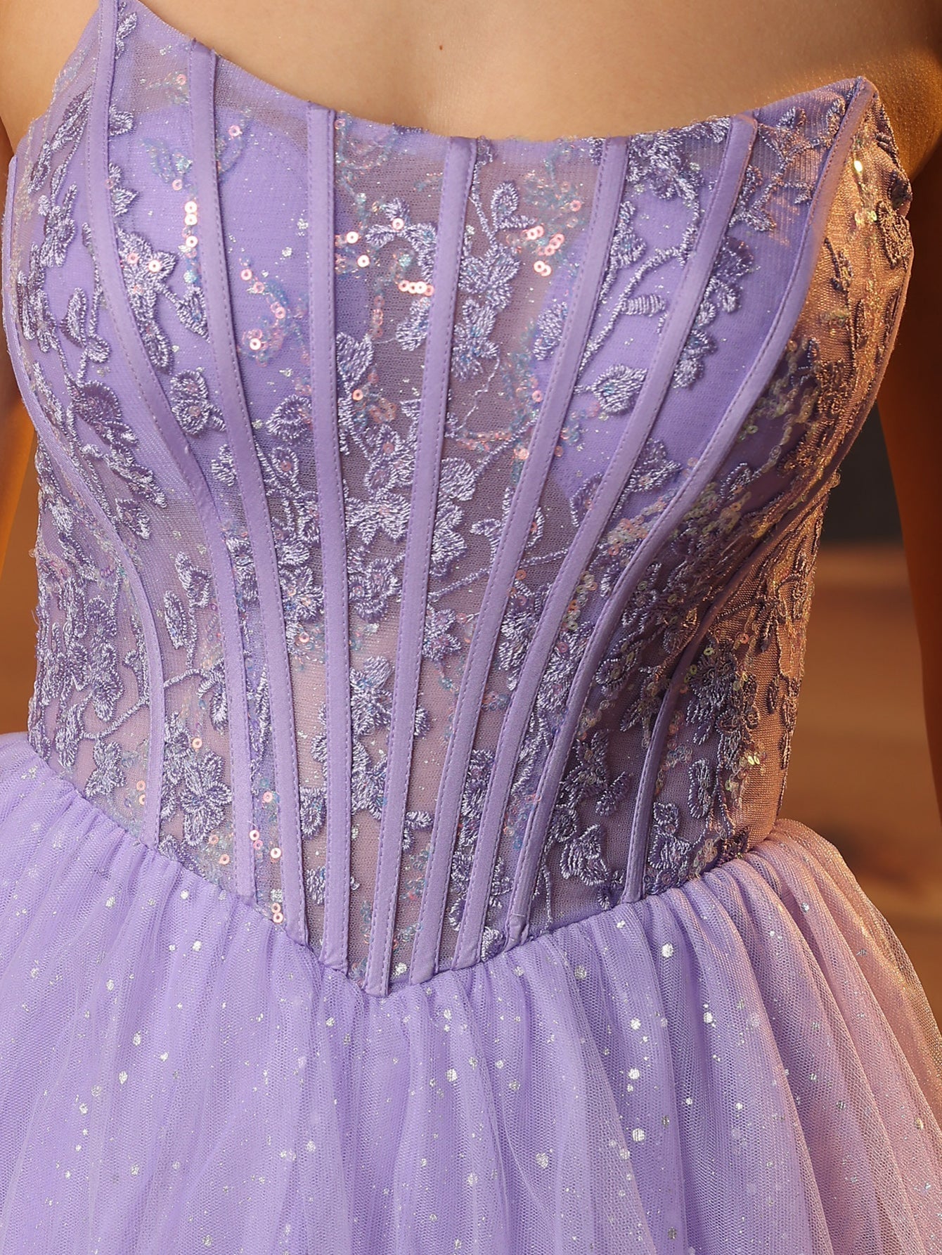 Sparkly Lace Boned Illusion Bodice Prom Dress - Lilac