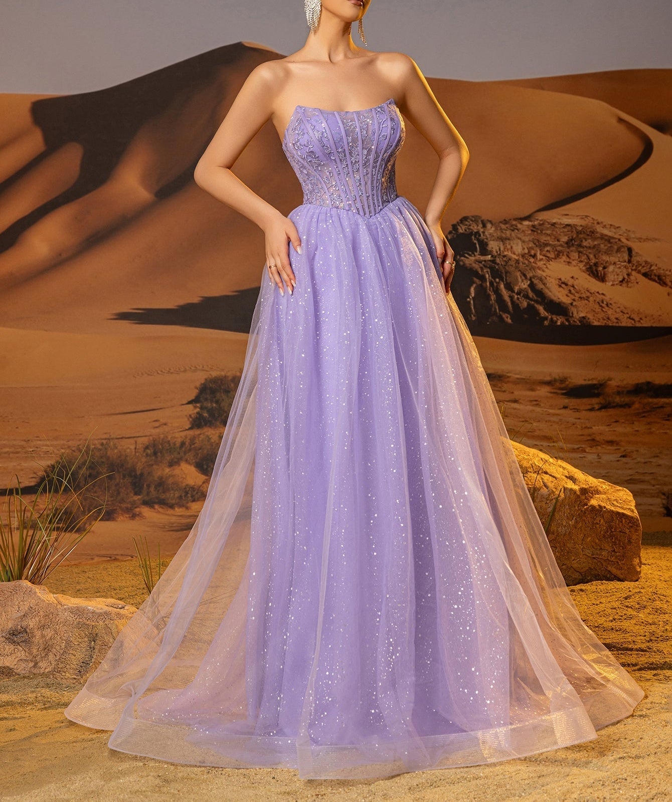 Sparkly Lace Boned Illusion Bodice Prom Dress - Lilac