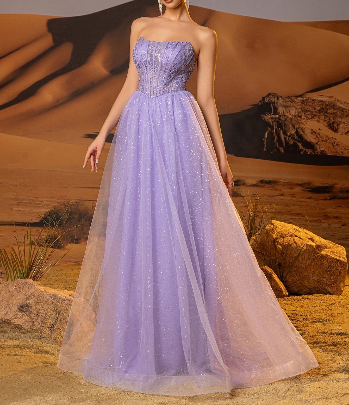 Sparkly Lace Boned Illusion Bodice Prom Dress - Lilac
