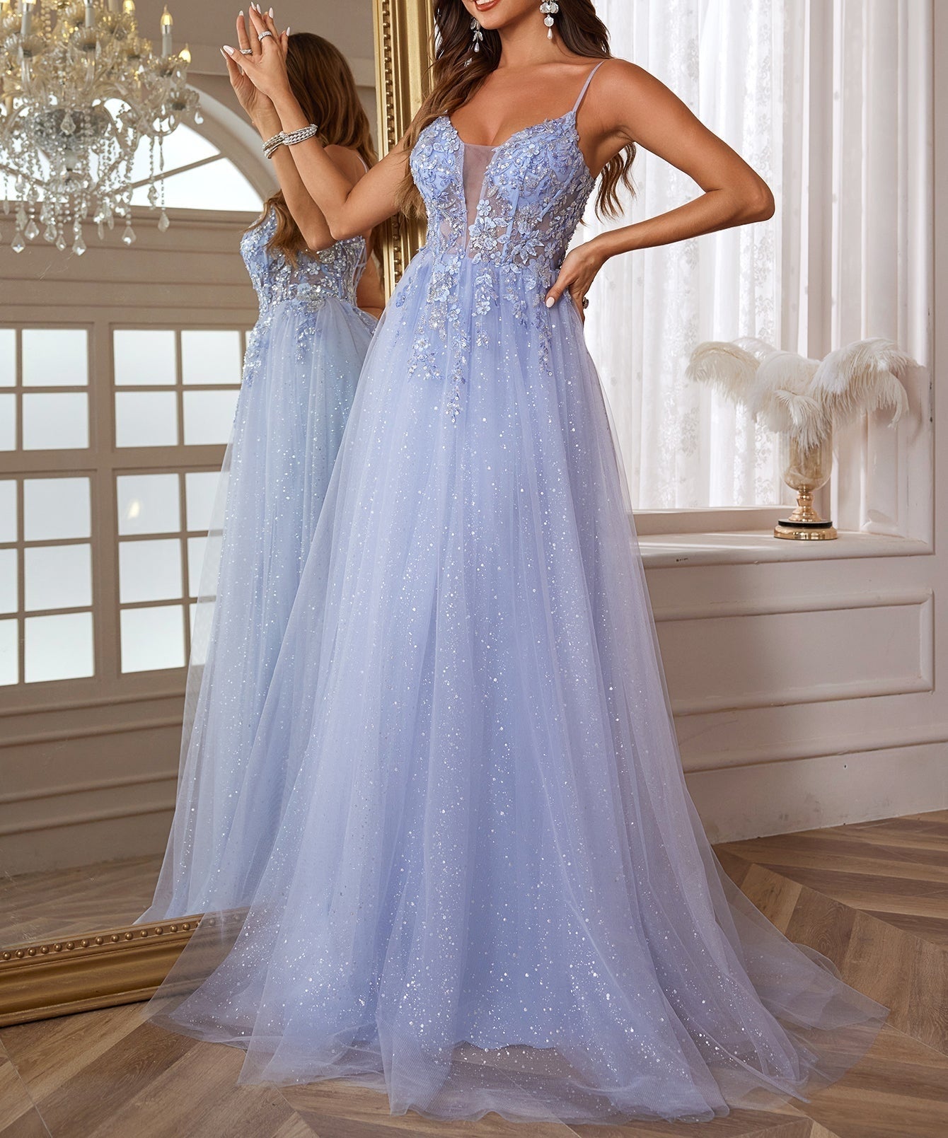 Lace Embroidery Deep V-Neck Boned Illusion Long Prom Dress - Baby Blue