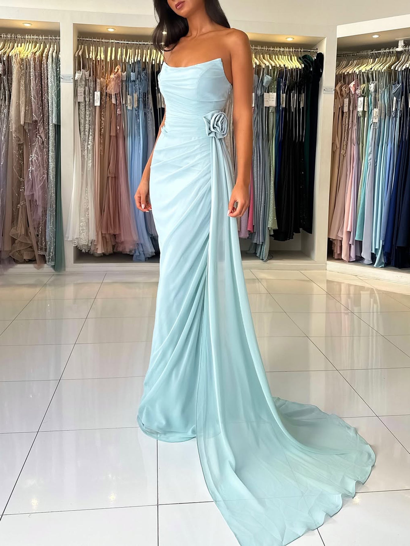 Strapless Hand Made Flower Prom Dress With Waist Drop - Baby Blue