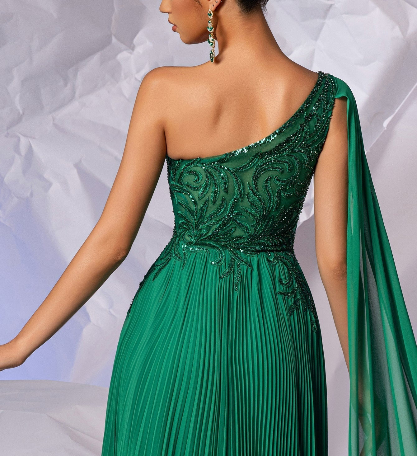 One Shoulder Beaded Pleats Long A-Line Prom Dress With Tulle - Green