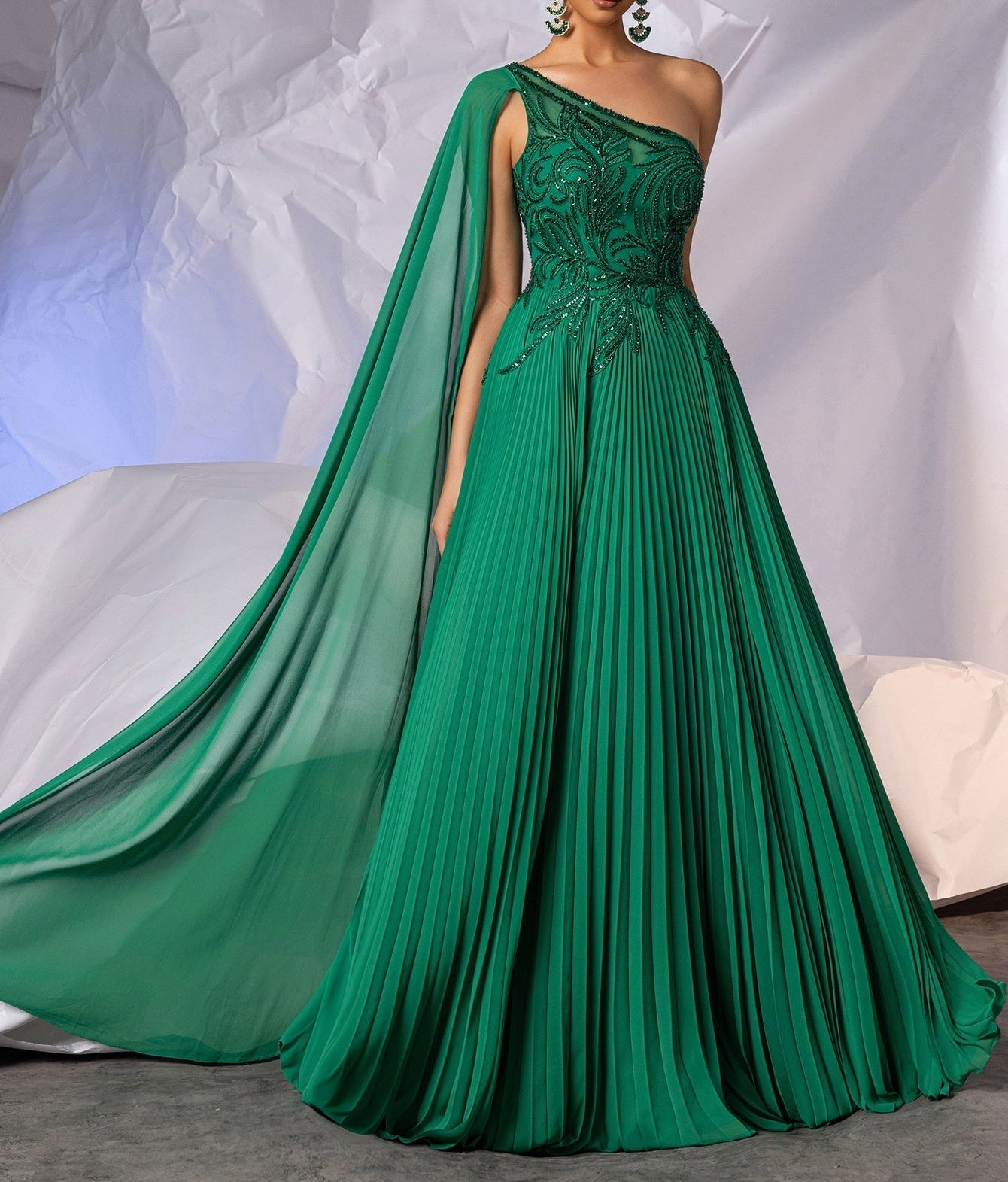 One Shoulder Beaded Pleats Long A-Line Prom Dress With Tulle - Green