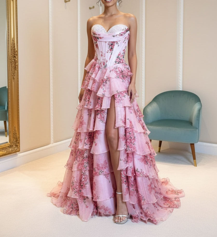 A-Line Strapless Sweetheart Print Tiered Tulle Long Prom Dress with Slit