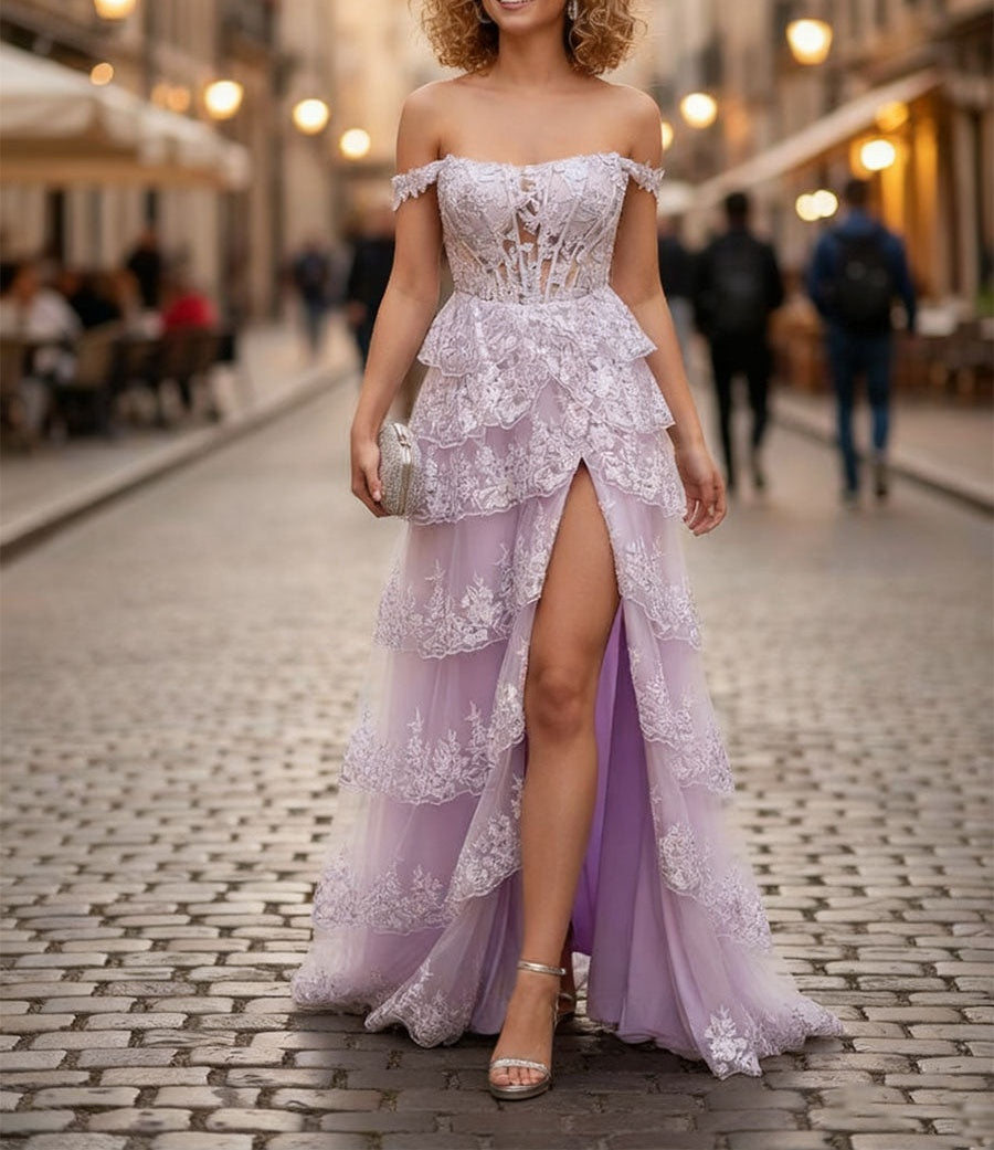 A-Line Off The Shoulder Appliques LaceTulle Corset Prom Dress with Slit