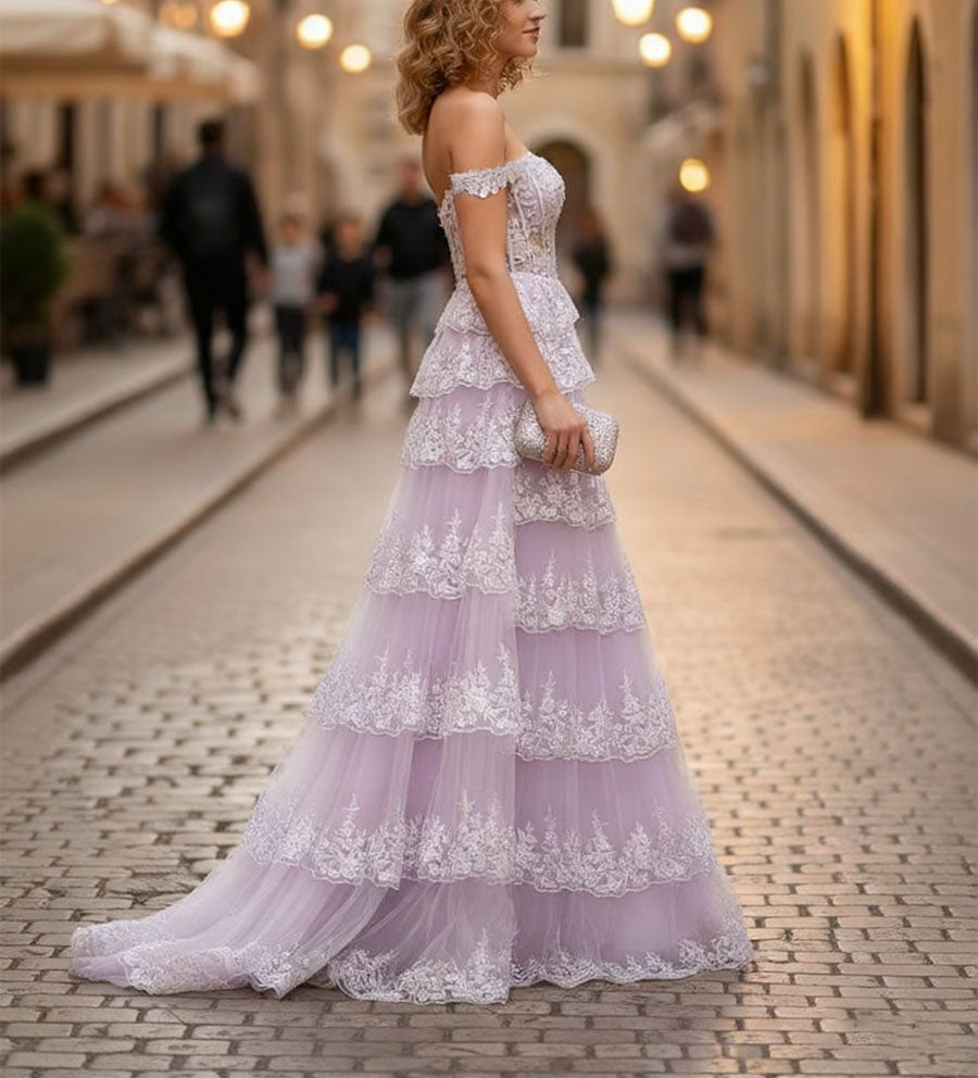 A-Line Off The Shoulder Appliques LaceTulle Corset Prom Dress with Slit
