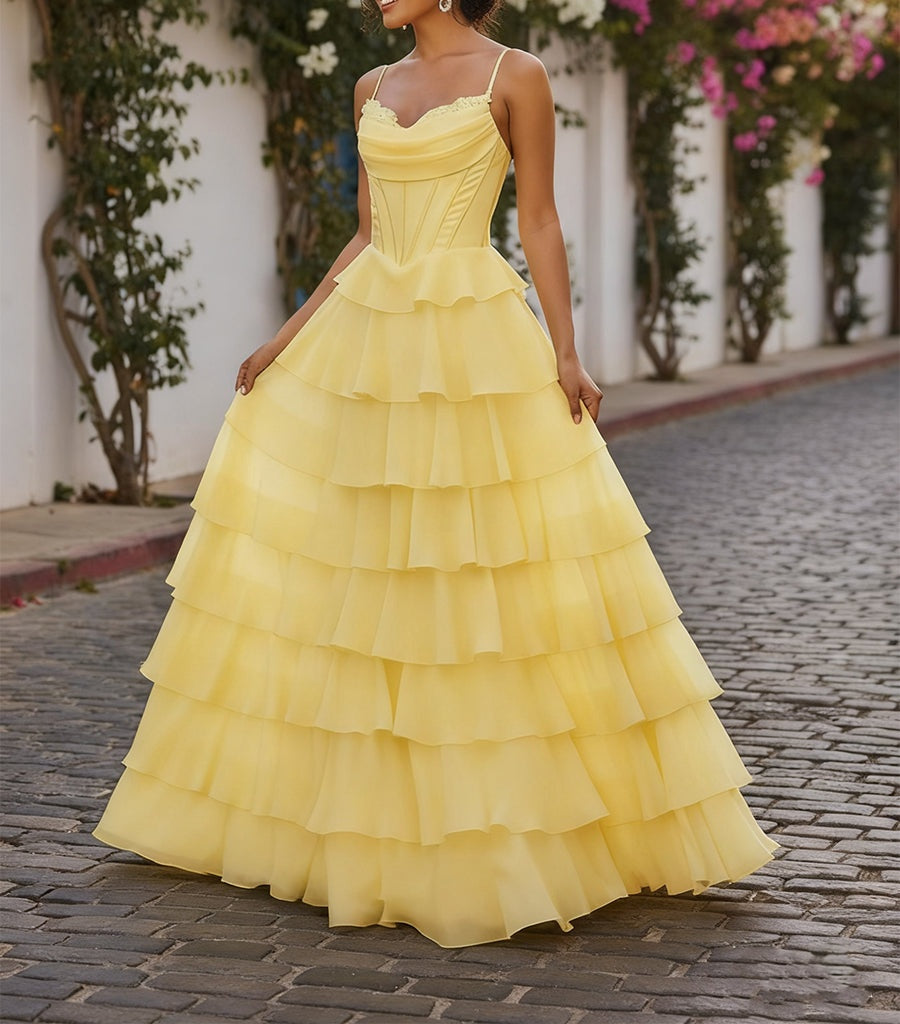 A Line Cowl Neck Chiffon Satin Tiered Ruffle Prom Dress