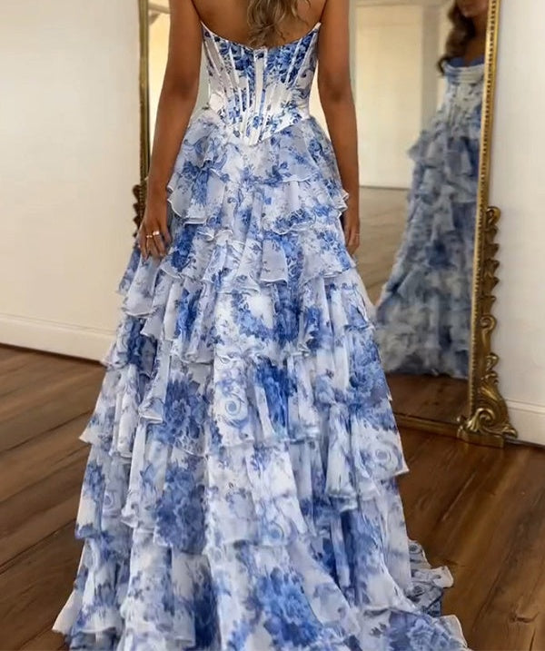 Pink A-Line Strapless Sweetheart Print Tiered Tulle Long Prom Dress with Slit