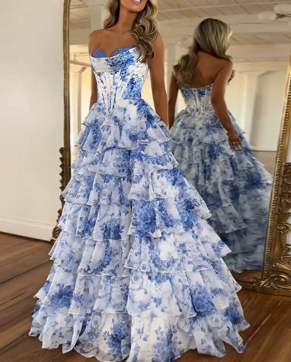 Pink A-Line Strapless Sweetheart Print Tiered Tulle Long Prom Dress with Slit