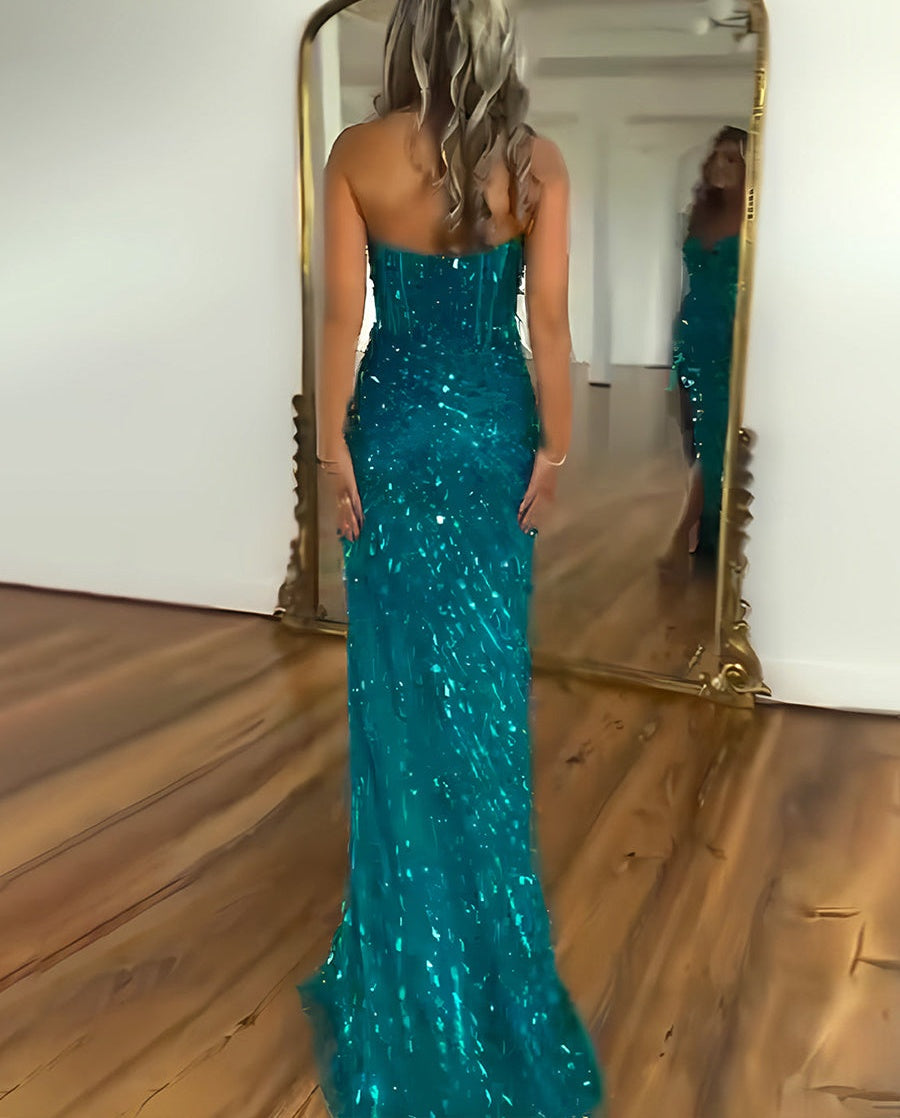 Sweetheart Mermaid Sequins Long Prom Dress with Slit