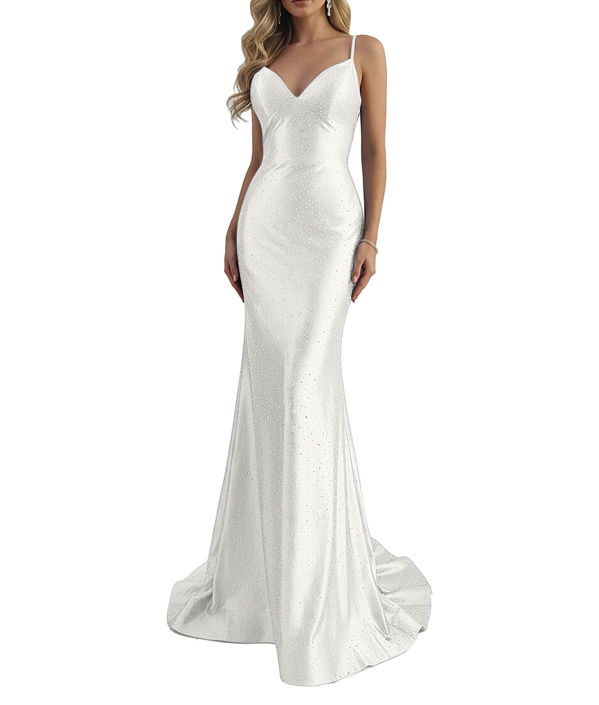 Blue Mermaid Spaghetti Straps V-Neck Rhinestone Long Prom Dress