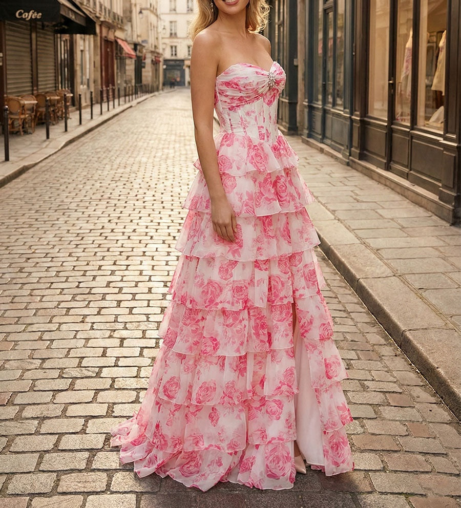 Blue Floral Strapless Tiered Ruffle Corset Long Prom Dress with Slit