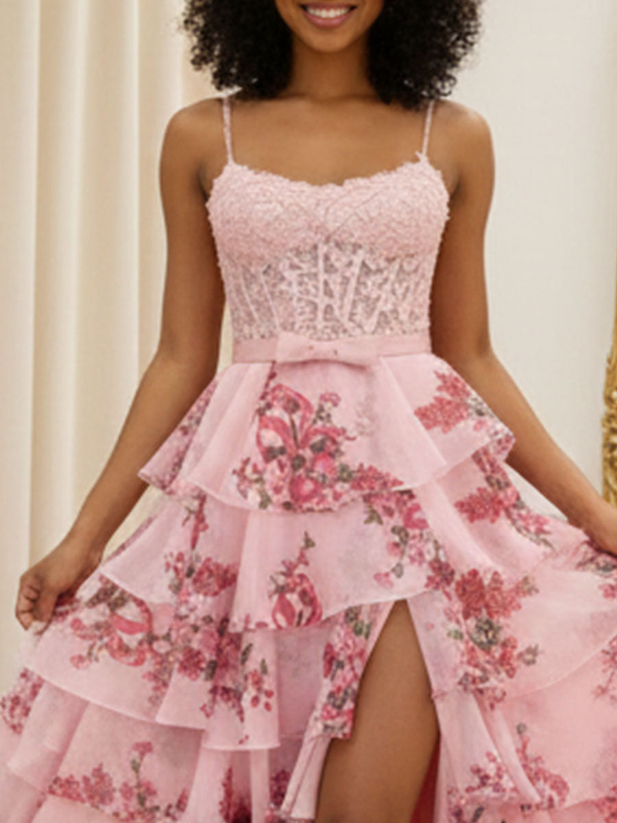 Blue Floral Tiered Ruffles High-Low Prom Dress with Beaded Bodice