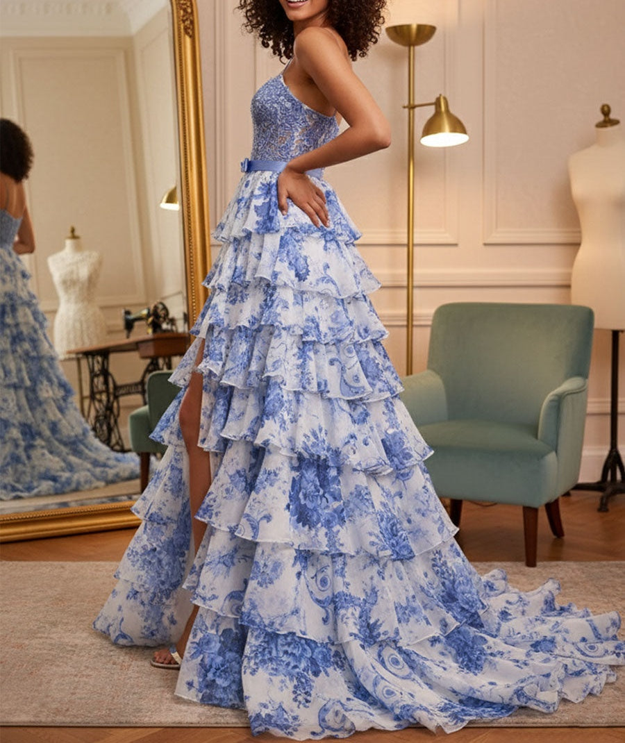 Blue Floral Tiered Ruffles High-Low Prom Dress with Beaded Bodice