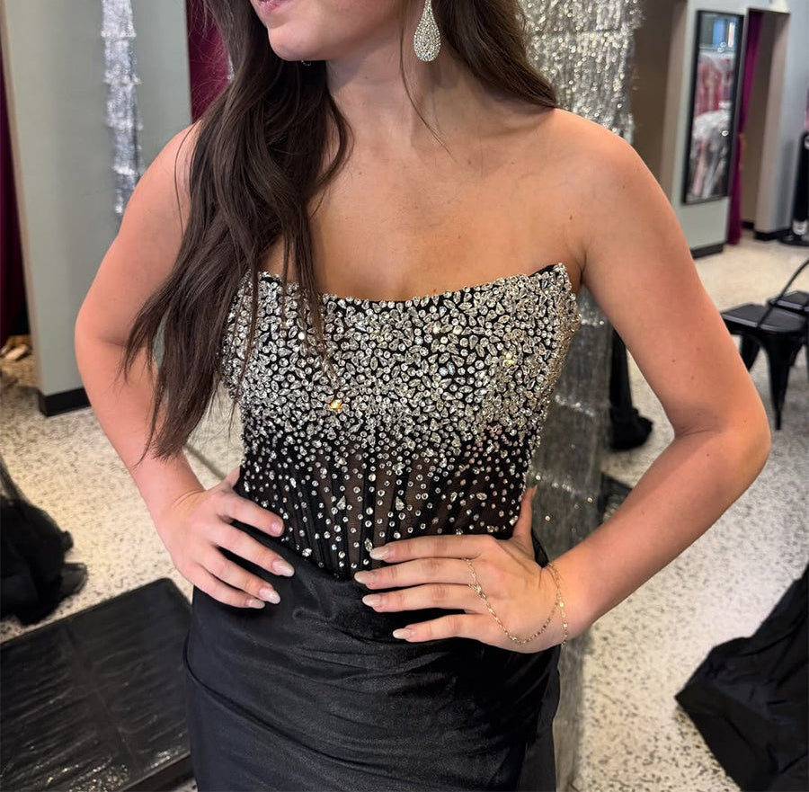 Black Satin Strapless Crystal Beaded Corset Prom Dress with High Slit