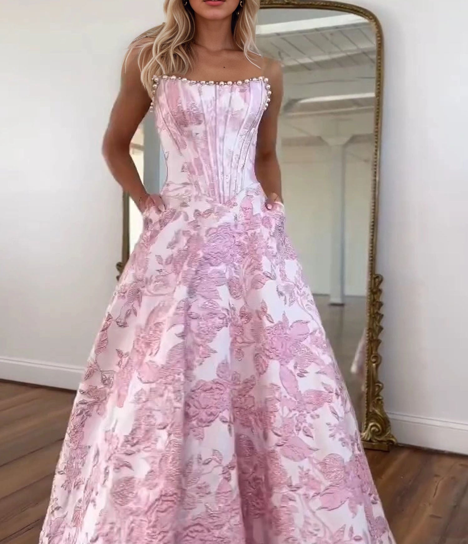 Prom Dresses 3D Floral Strapless Evening Party Dresses with Bead
