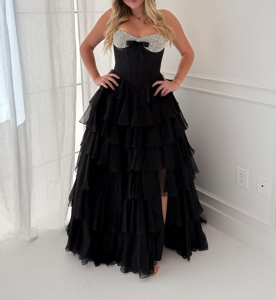 A Line Sweetheart Tiered Chiffon Long Prom Dress with Beading
