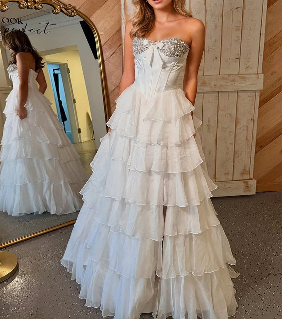 A Line Sweetheart Tiered Chiffon Long Prom Dress with Beading