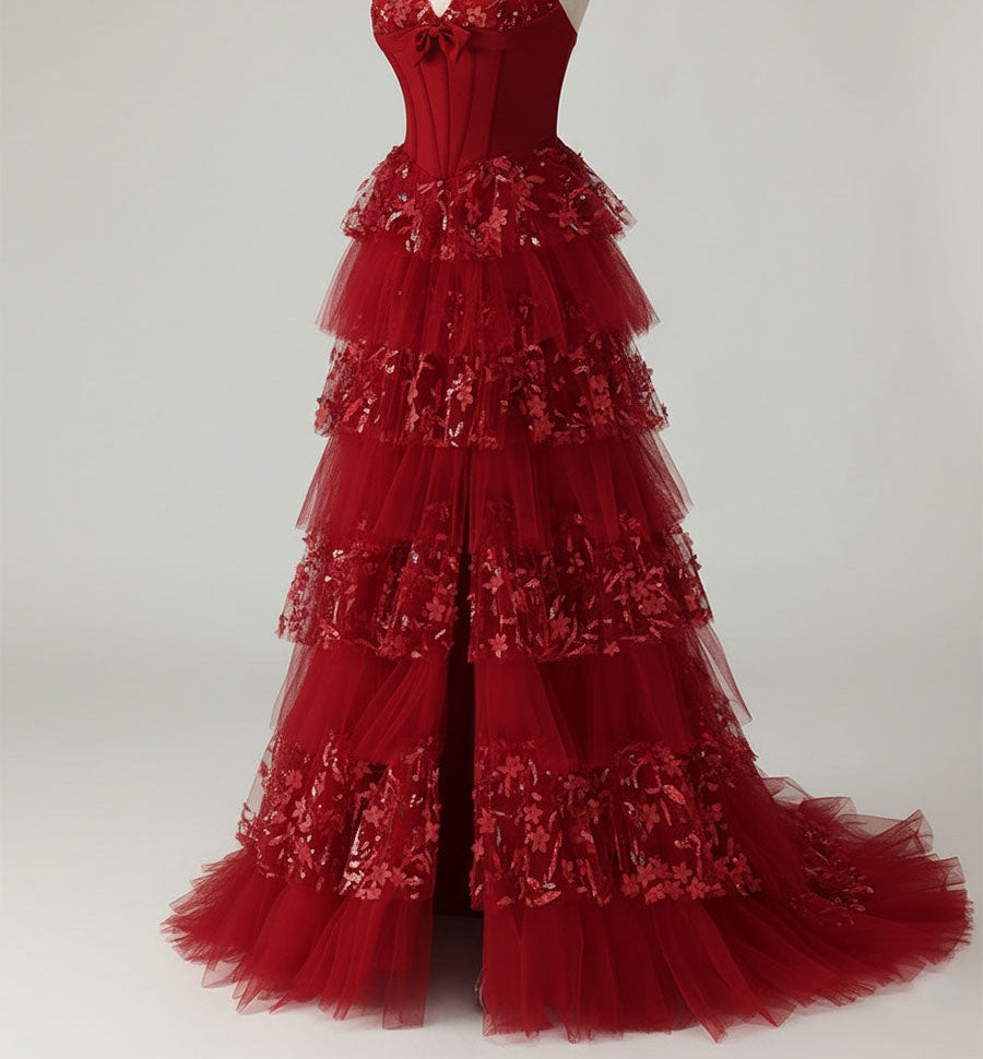 Corset Bodice Tiered Long Prom Dress with 3D Floral Appliqués