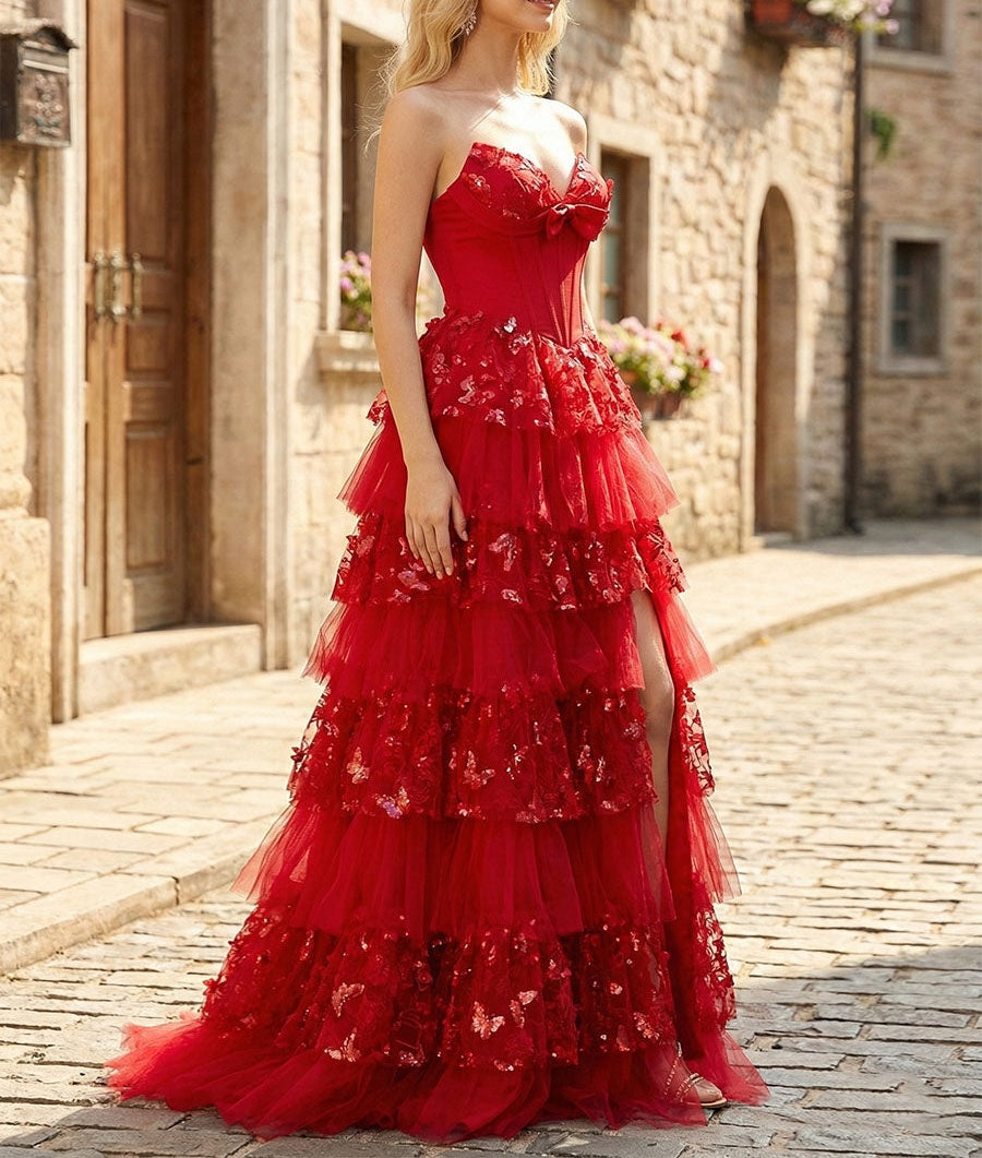 Corset Bodice Tiered Long Prom Dress with 3D Floral Appliqués