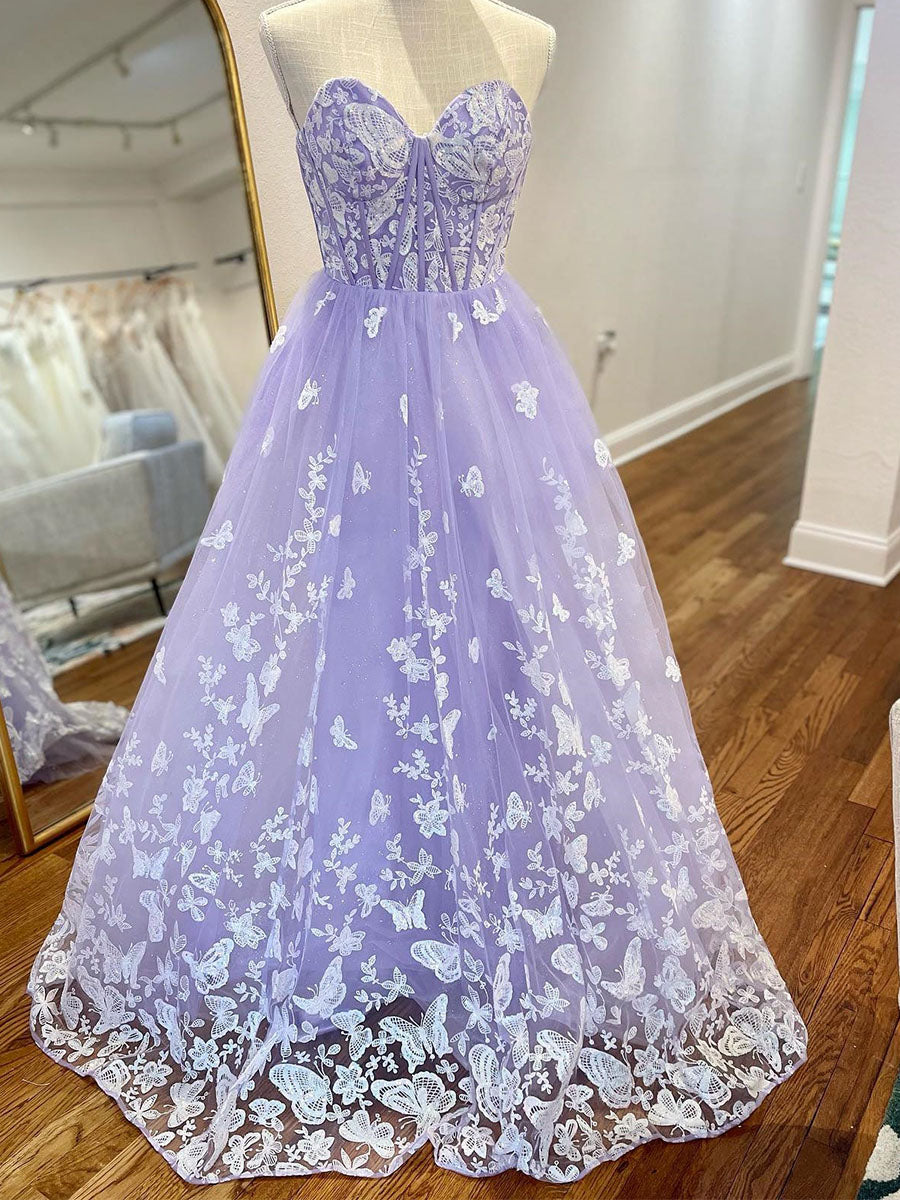 Strapless Corset Bodice Prom Dress with Butterfly Lace Appliqué