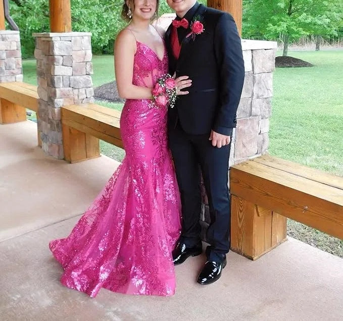 Trumpet/Mermaid Spaghetti Straps Sparkly Sequin Lace Applique Long Prom Dress