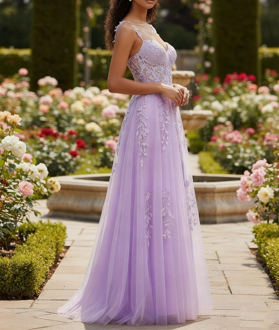 A Line V Neck Tulle Long Prom Dress with Appliqued Beading