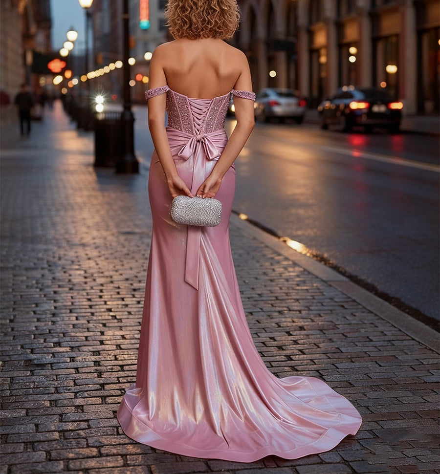 Off-the-Shoulder Rhinestone Metallic Satin Corset Prom Dress
