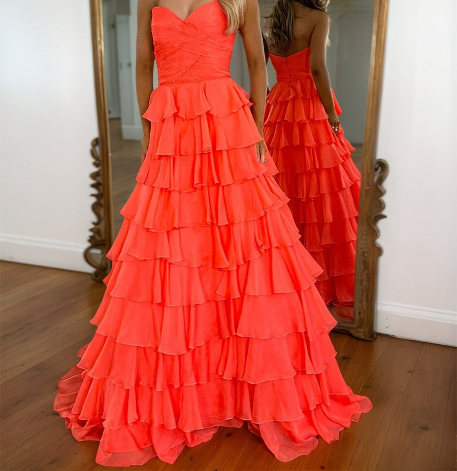 Princess Orange Strapless Sweetheart Tiered Long Prom Dress