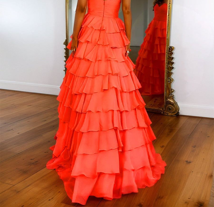 Princess Orange Strapless Sweetheart Tiered Long Prom Dress