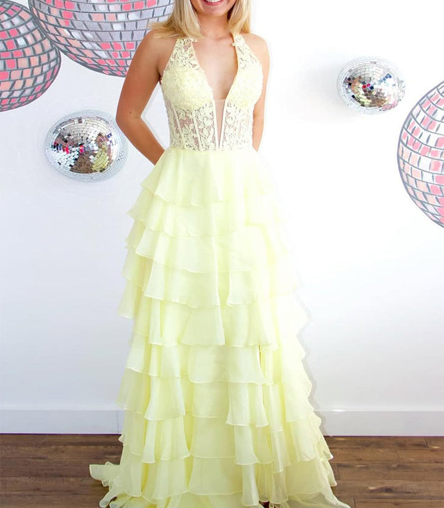 Halter Lace Appliques Chiffon Ruffle Prom Dress with Slit