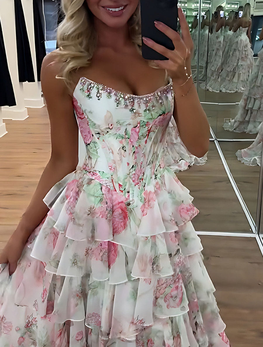 A-Line Strapless Print Ruffles Tiered Long Prom Dress