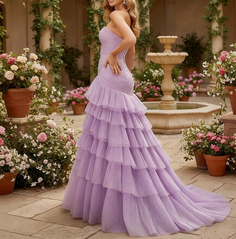 Strapless Sweetheart Cascading Ruffles Tulle Prom Dress with Slit