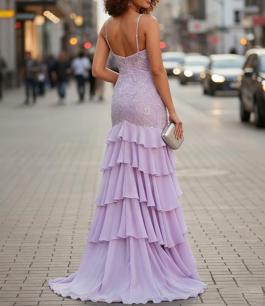 V-Neck Appliques Lace Sweep Train Chiffon Prom Dress wtih Slit