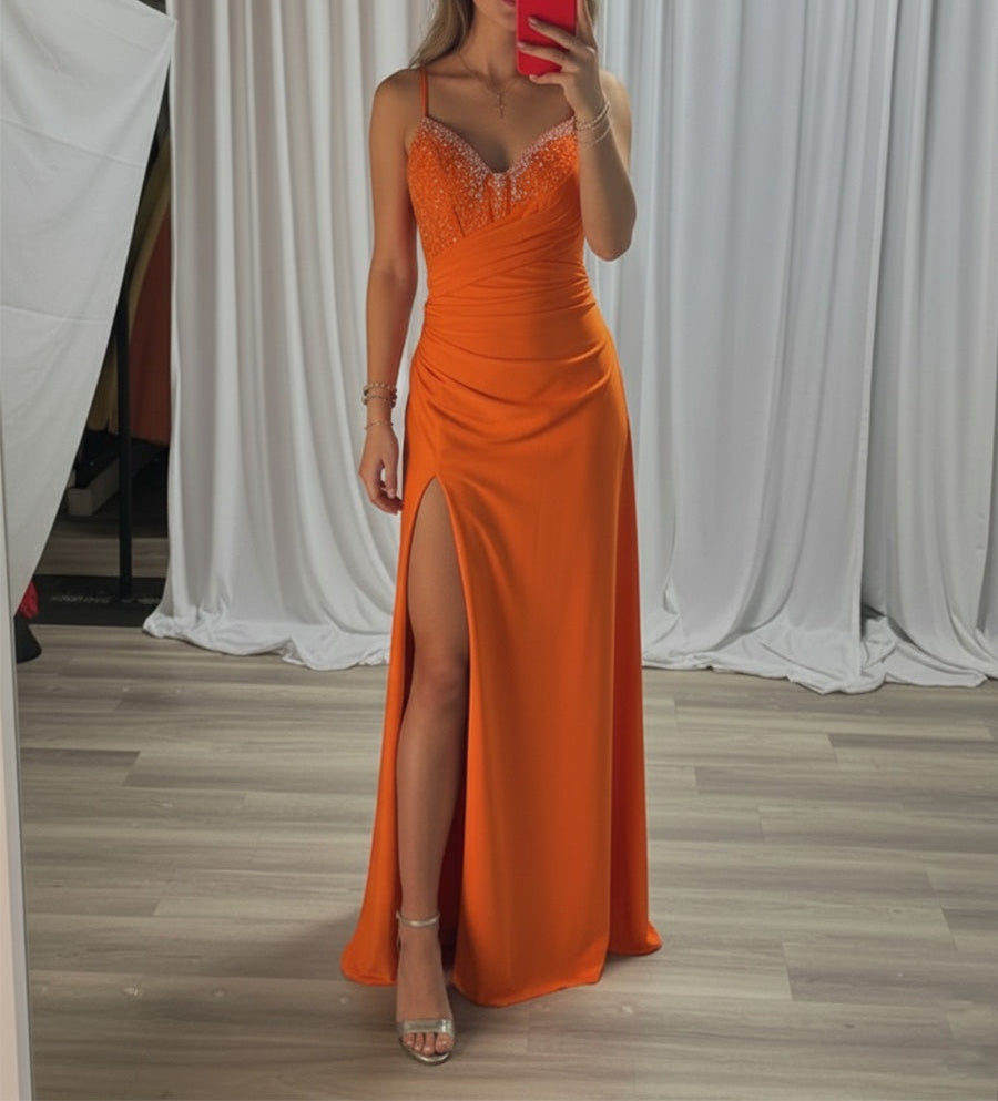 Beaded V Neck Corset Bodice Long Prom Dress with Slit